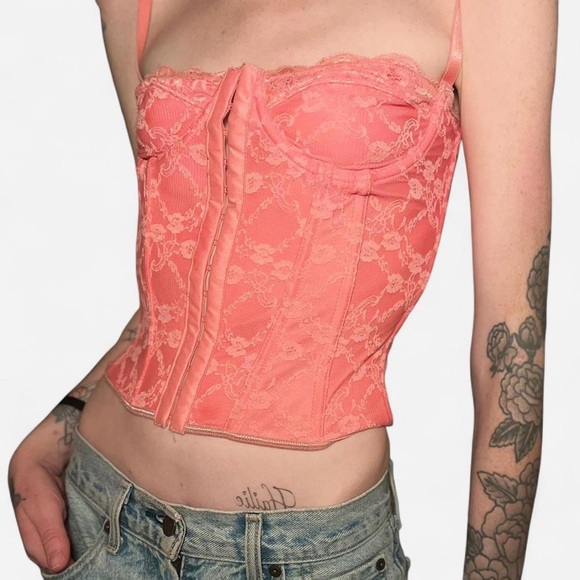 Tops - Baby Pink/Coral Lace Corset Bra Top with a Beautiful Criss Cross Back Detail